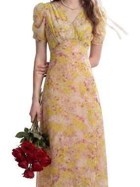 Floral V-Neck Puff Sleeve Maxi Dress - summer
